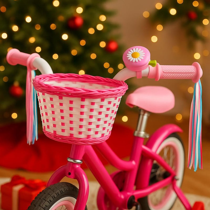 ANZOME Girls Bike Basket with Daisy Bell & Streamers, Kids Bicycle Handlebar Basket for 12â€“16 Inch Bikes, Pink Woven Bike Accessories for Girls, Christmas for Little Riders - Image 3